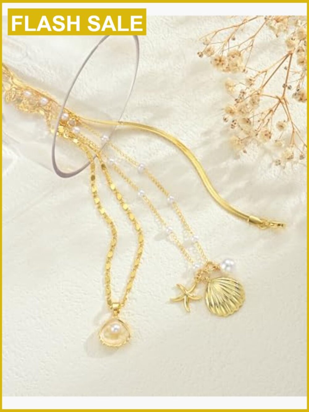 Layered Gold Seashell Necklace Set, Dainty Coastal Charm Jewelry for Women - Picture 6 of 7